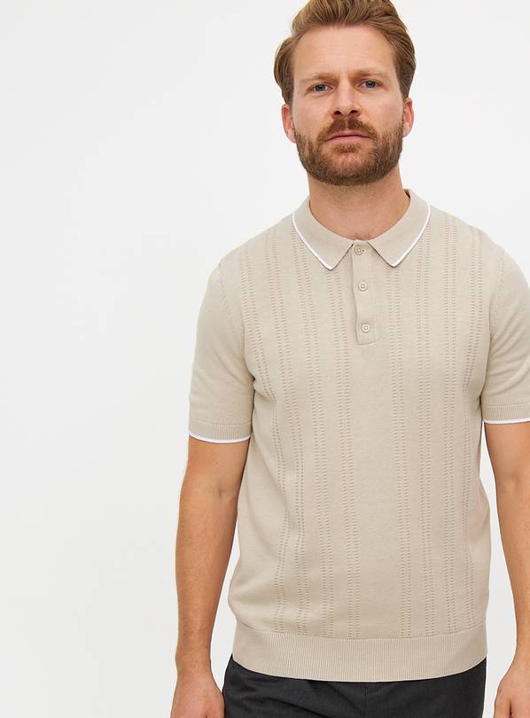 Beige Textured Stripe Knitted Polo Shirt L